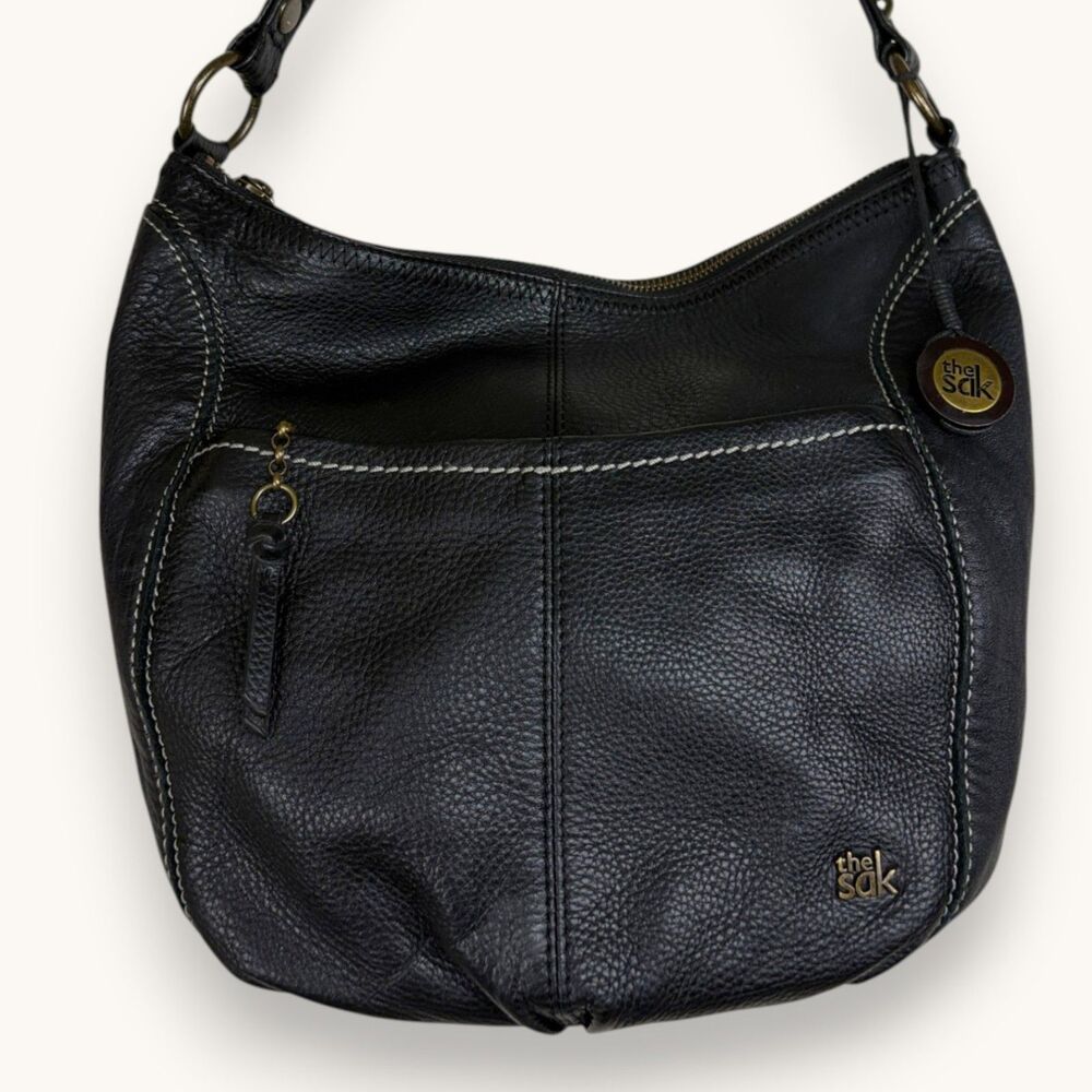 The Sak Black Leather Hobo Shoulder Bag Contrast Stitching Front Zip Pocket